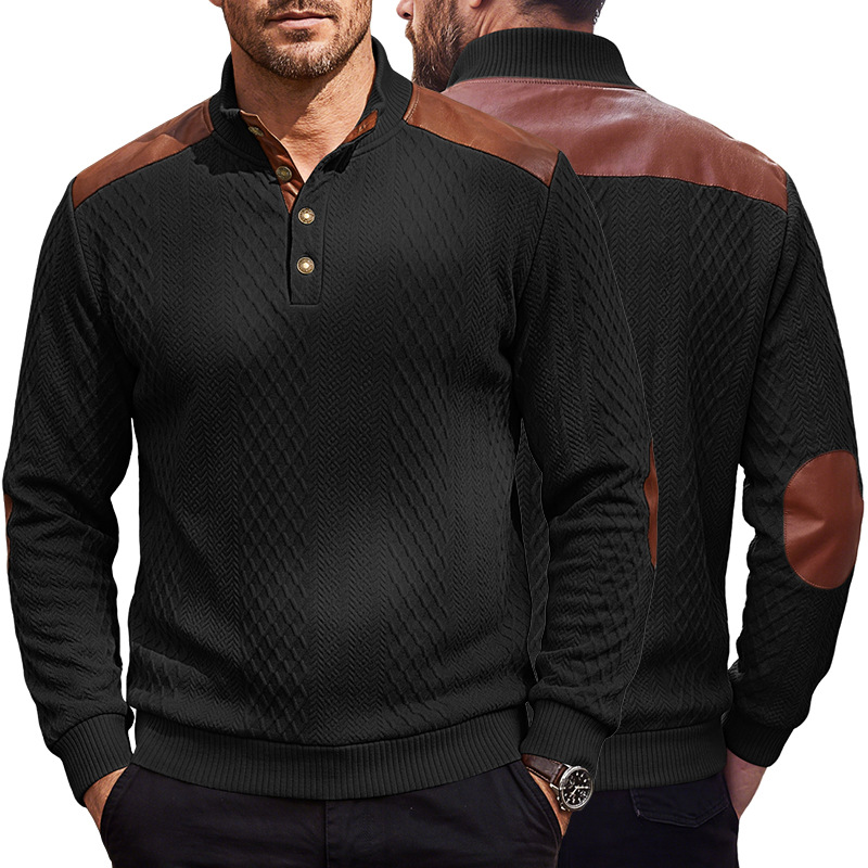 Men's Clothing Tops Sweatshirts Men's American Style Texture Jacquard Lapel Knitwear with Shoulder Sleeve Patches Loose Long Sleeve Pullover Hoodie