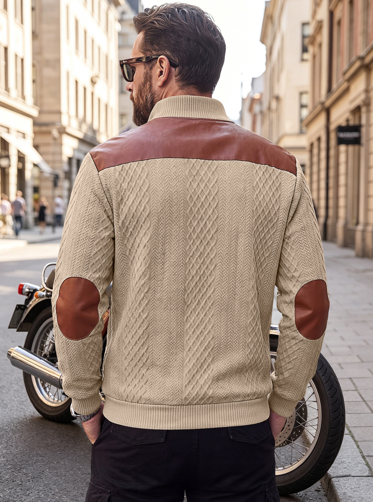 Men's Clothing Tops Sweatshirts Men's American Style Texture Jacquard Lapel Knitwear with Shoulder Sleeve Patches Loose Long Sleeve Pullover Hoodie