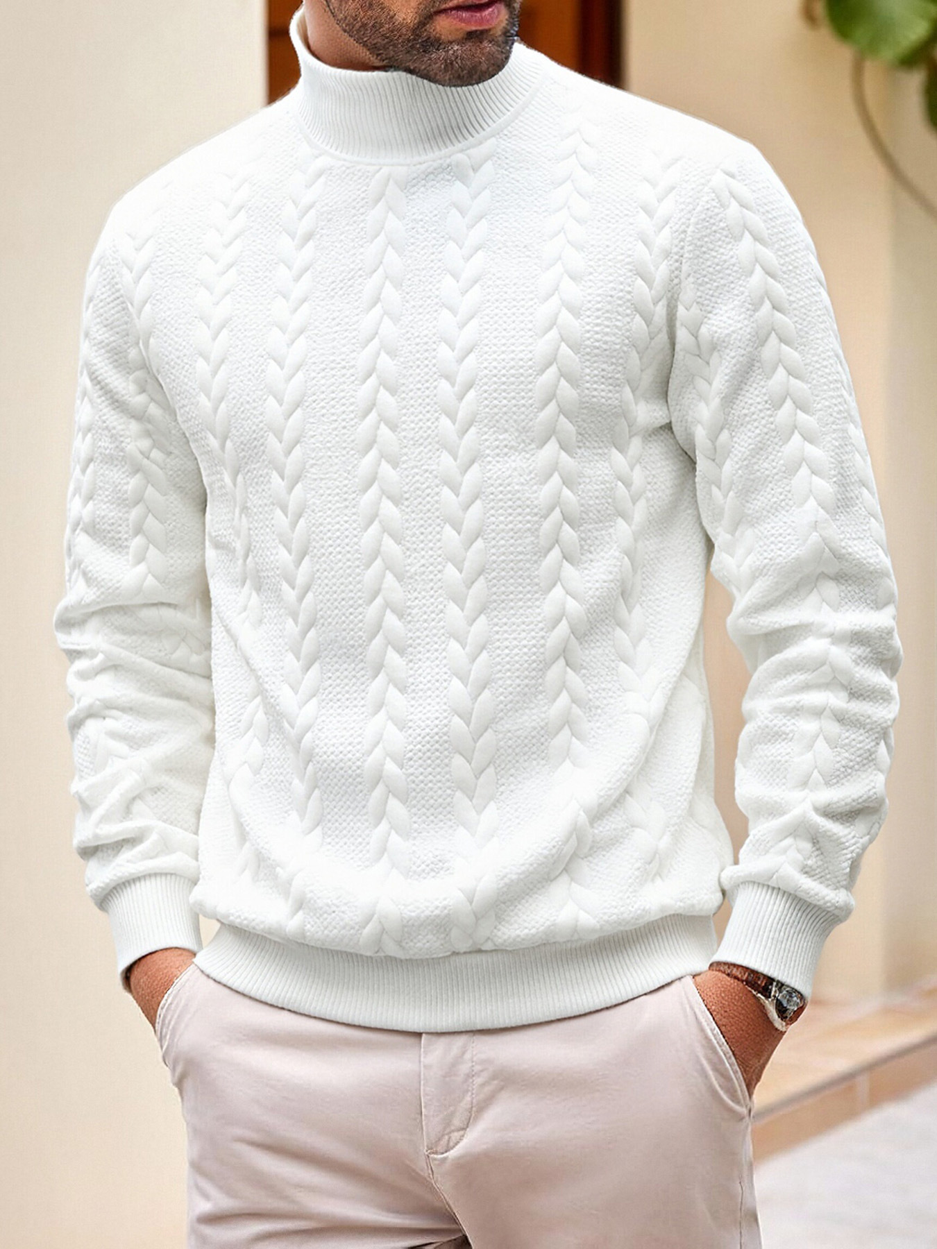 Men's Clothing Tops Sweaters Cardigans Jacquard Knit Sweater New Fall Winter Solid Color High-Neck Warm Casual Men's Long Sleeve Pullover