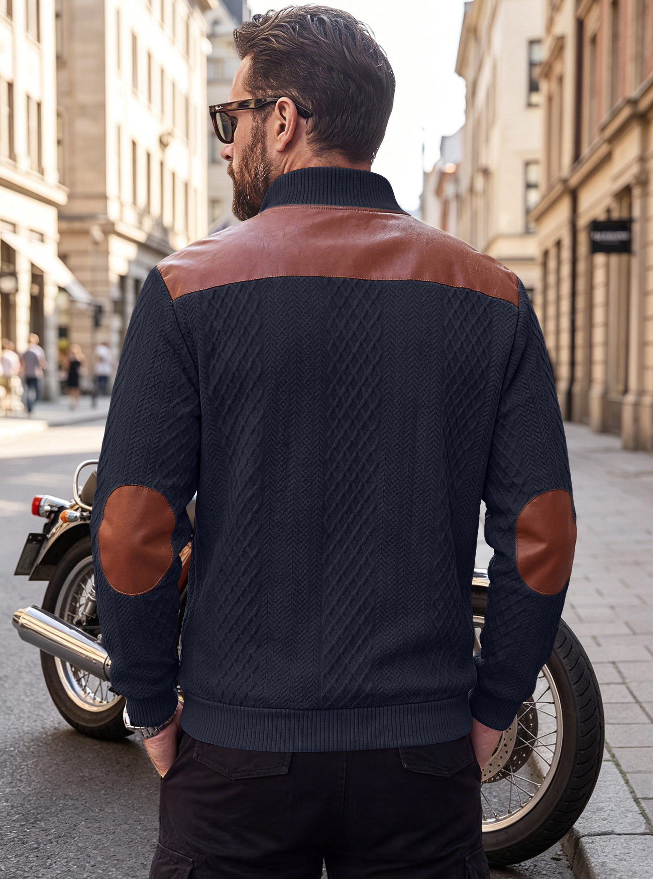 Men's Clothing Tops Sweatshirts Men's American Style Texture Jacquard Lapel Knitwear with Shoulder Sleeve Patches Loose Long Sleeve Pullover Hoodie