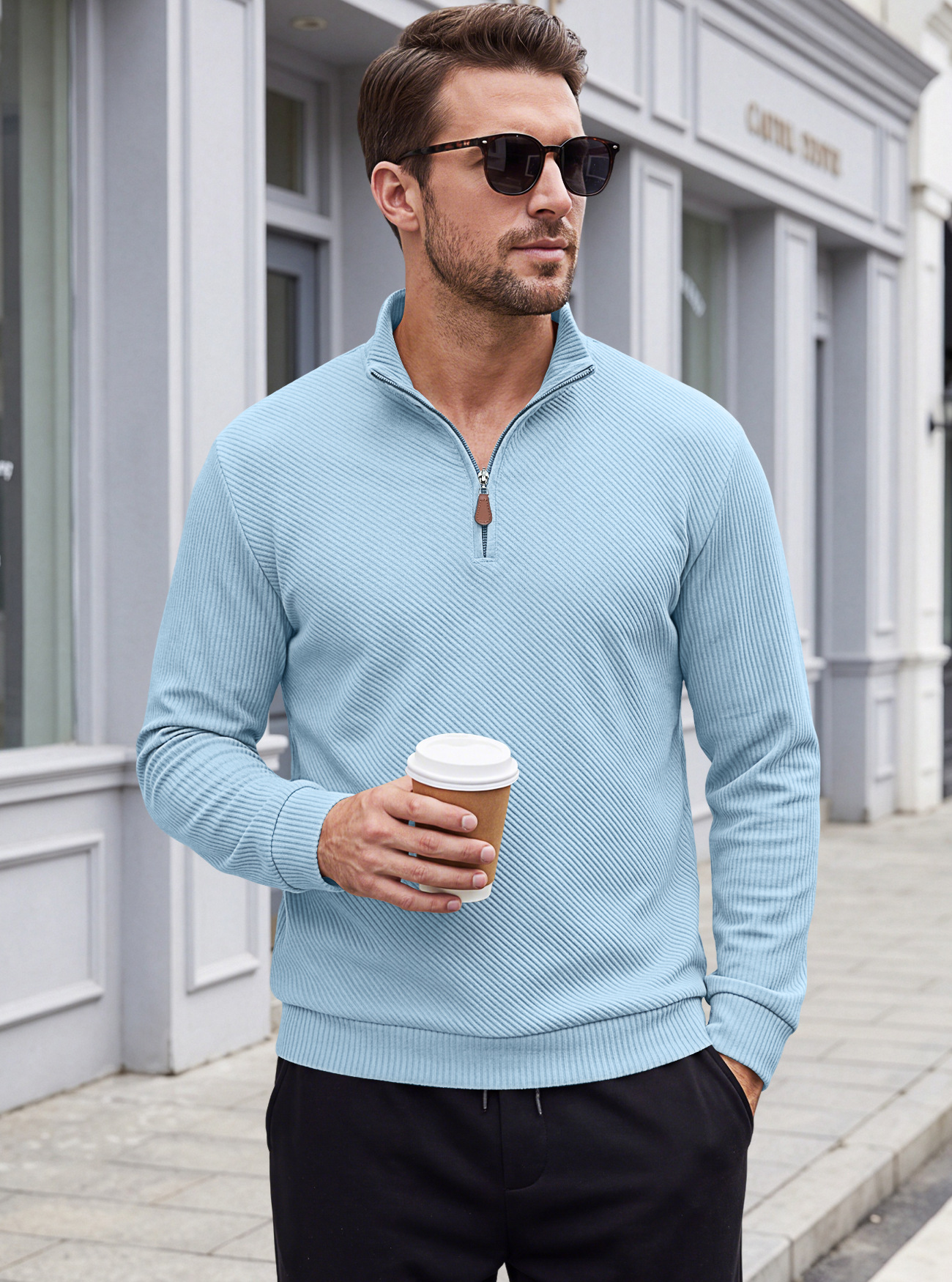 Men's Clothing Tops Sweatshirts Men's American Flannel Texture Half-Zip Stand-Up Collar Long Sleeve Oversized Casual Pullover Shirts