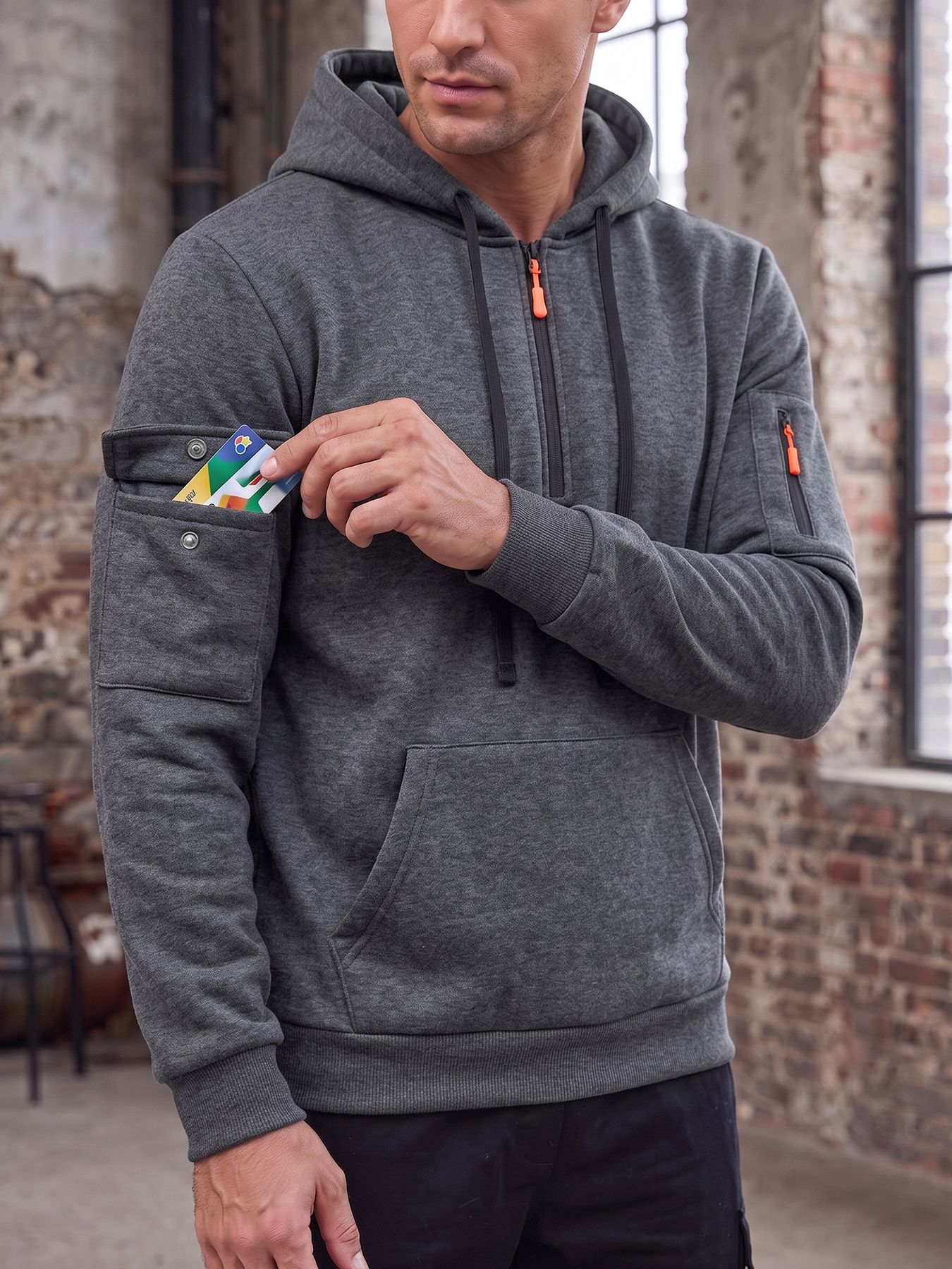 Men's Clothing Tops Sweatshirts Hoodies  Men's Autumn Winter Solid Color Drawstring Hooded Long Sleeve Sweatshirt with Side Zip Thickened Casual Sports Pullover