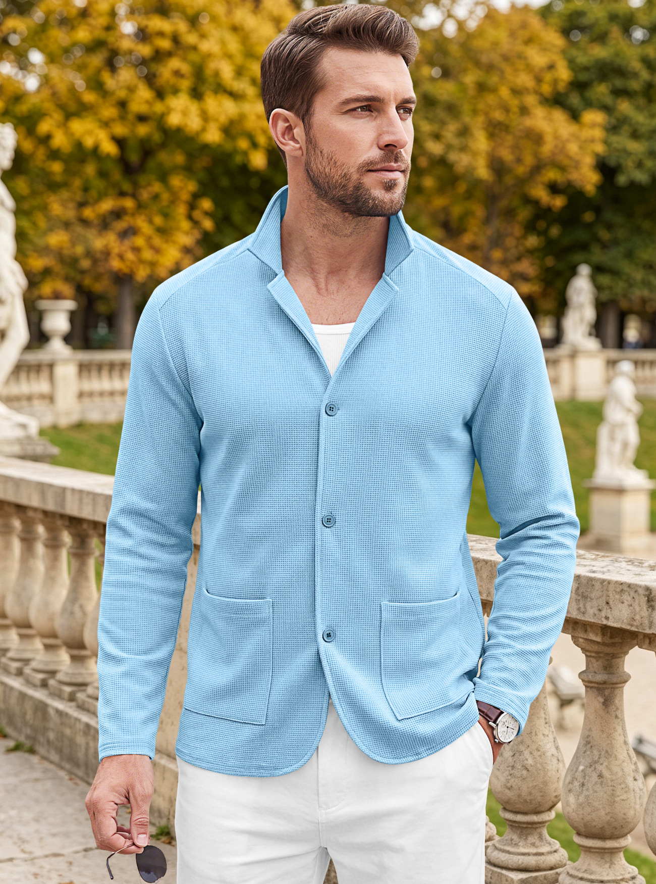 Men's Clothing Tops Jackets Coats Men's Waffle Pattern Single-Breasted Double Pocket Business Casual Long Sleeve Coat