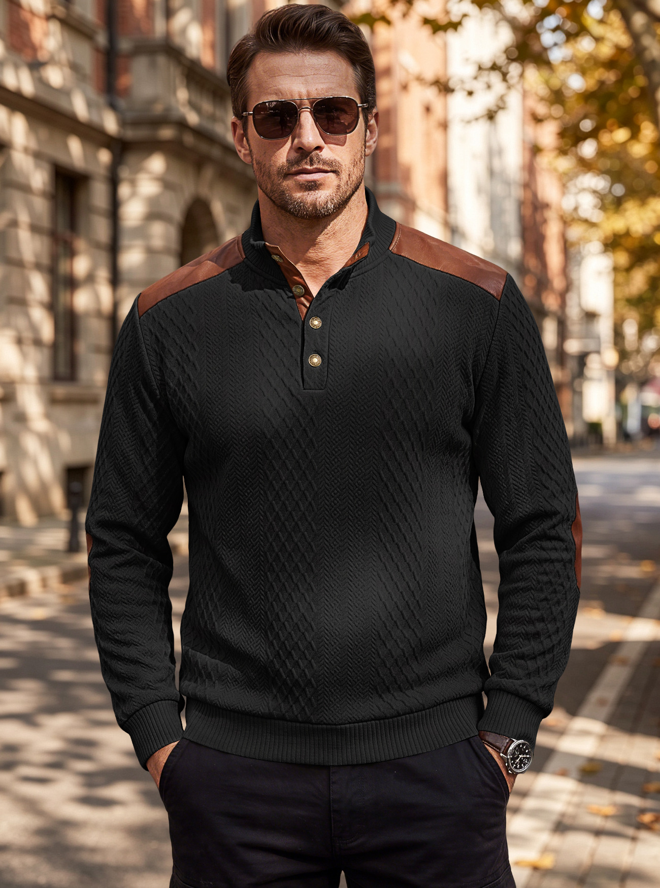 Men's Clothing Tops Sweatshirts Men's American Style Texture Jacquard Lapel Knitwear with Shoulder Sleeve Patches Loose Long Sleeve Pullover Hoodie