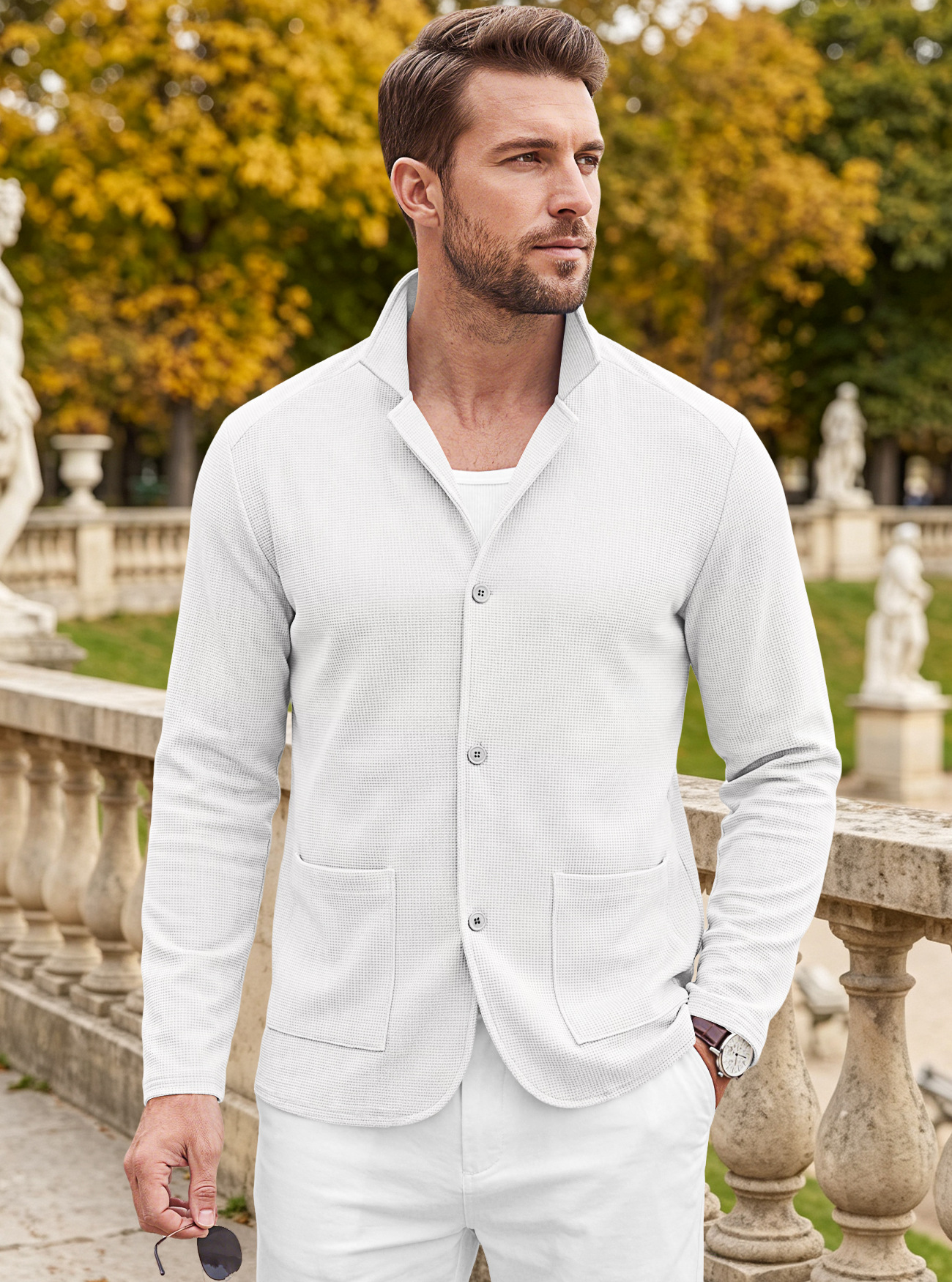 Men's Clothing Tops Jackets Coats Men's Waffle Pattern Single-Breasted Double Pocket Business Casual Long Sleeve Coat