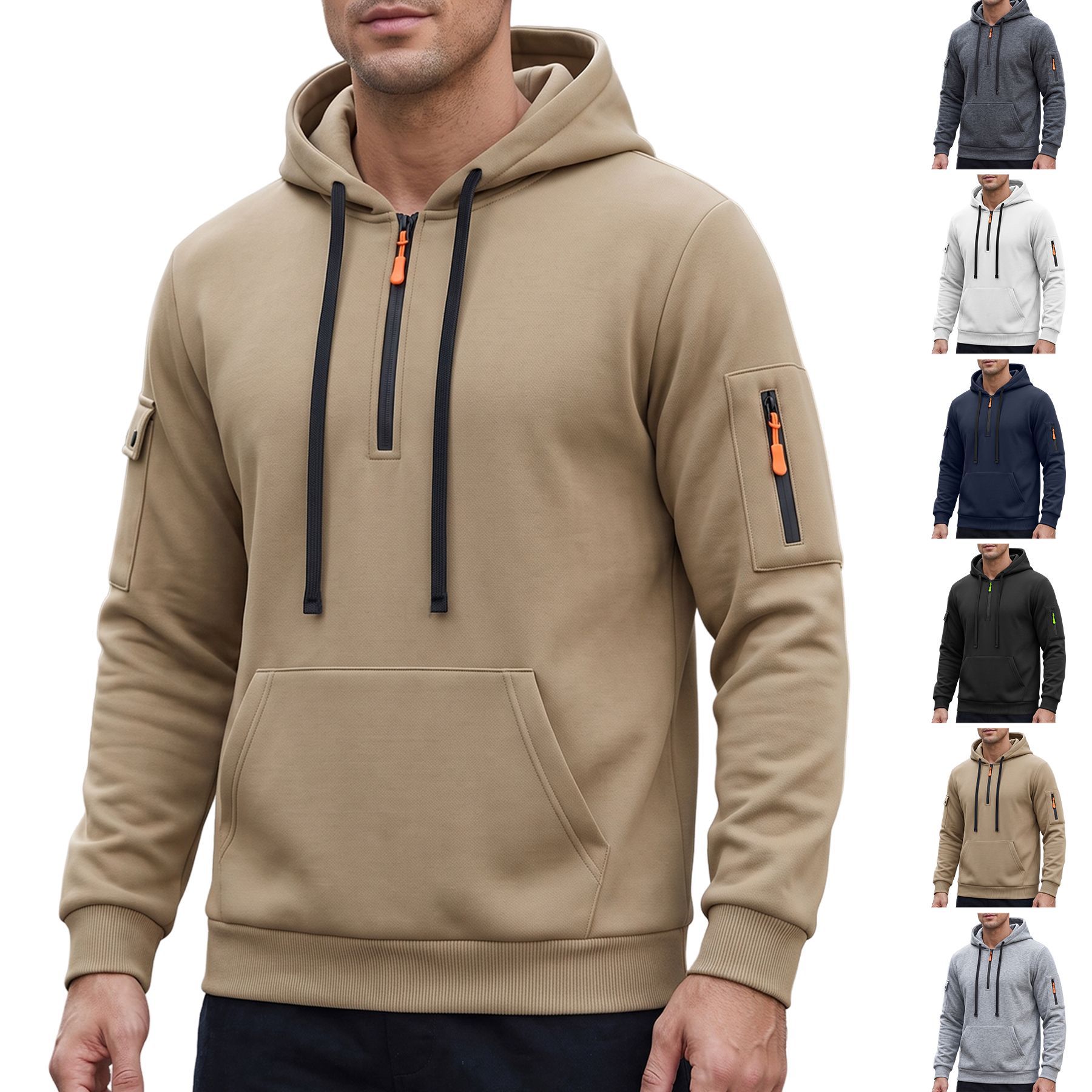 Men's Clothing Tops Sweatshirts Hoodies  Men's Autumn Winter Solid Color Drawstring Hooded Long Sleeve Sweatshirt with Side Zip Thickened Casual Sports Pullover