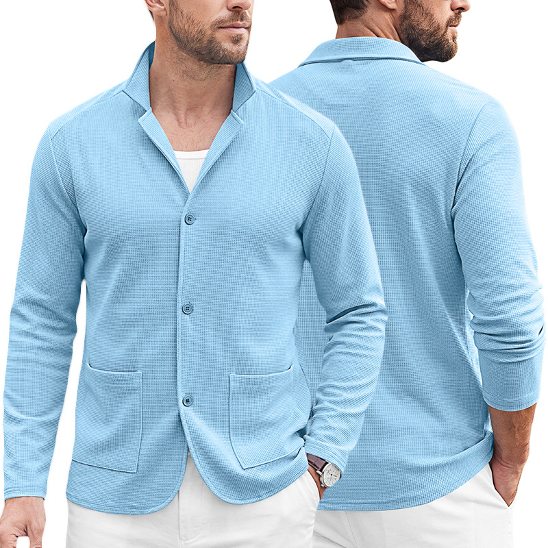 Men's Clothing Tops Jackets Coats Men's Waffle Pattern Single-Breasted Double Pocket Business Casual Long Sleeve Coat