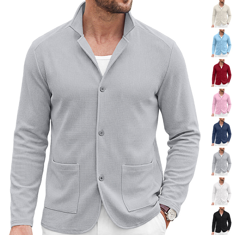 Men's Clothing Tops Jackets Coats Men's Waffle Pattern Single-Breasted Double Pocket Business Casual Long Sleeve Coat