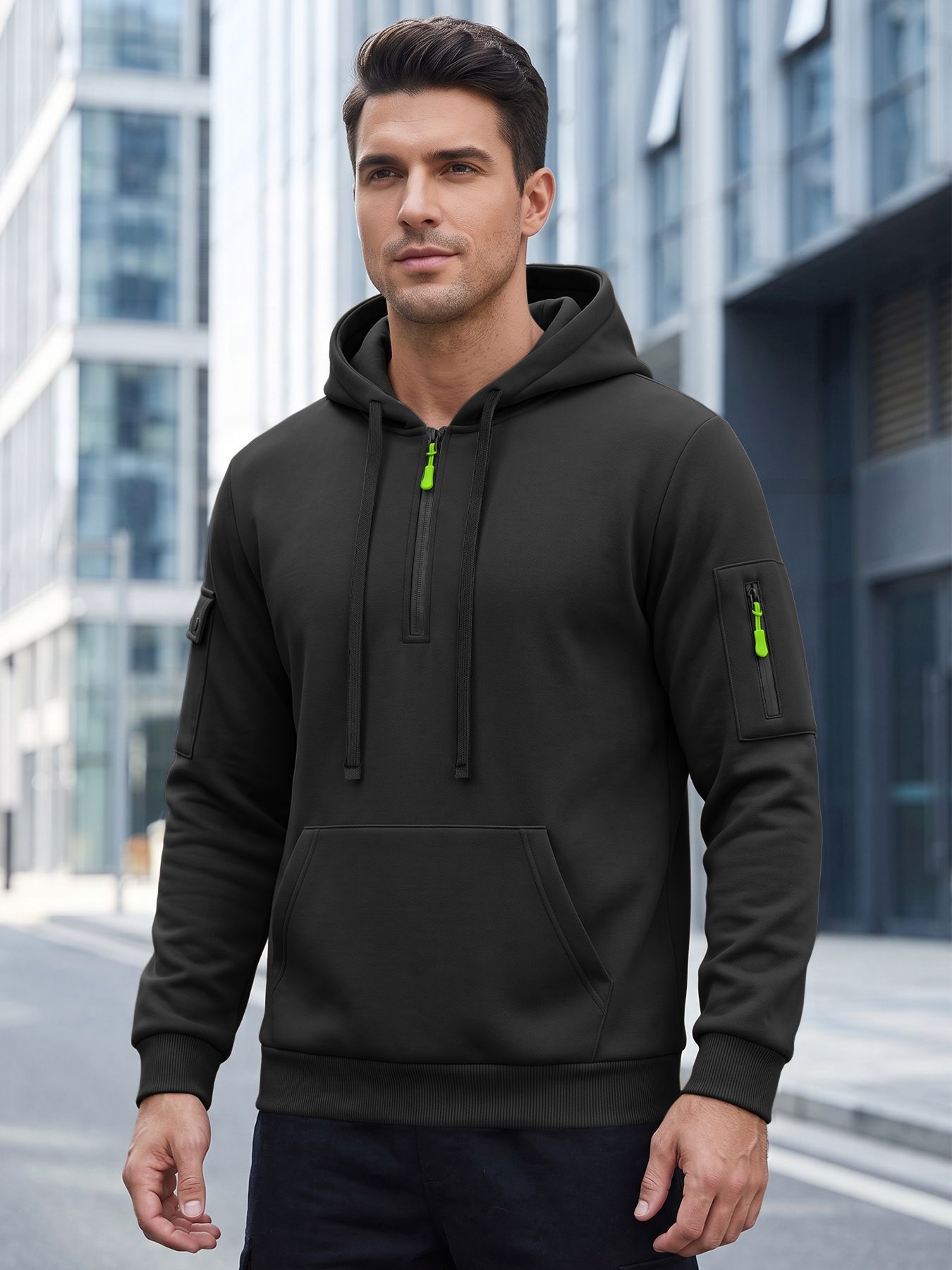 Men's Clothing Tops Sweatshirts Hoodies  Men's Autumn Winter Solid Color Drawstring Hooded Long Sleeve Sweatshirt with Side Zip Thickened Casual Sports Pullover