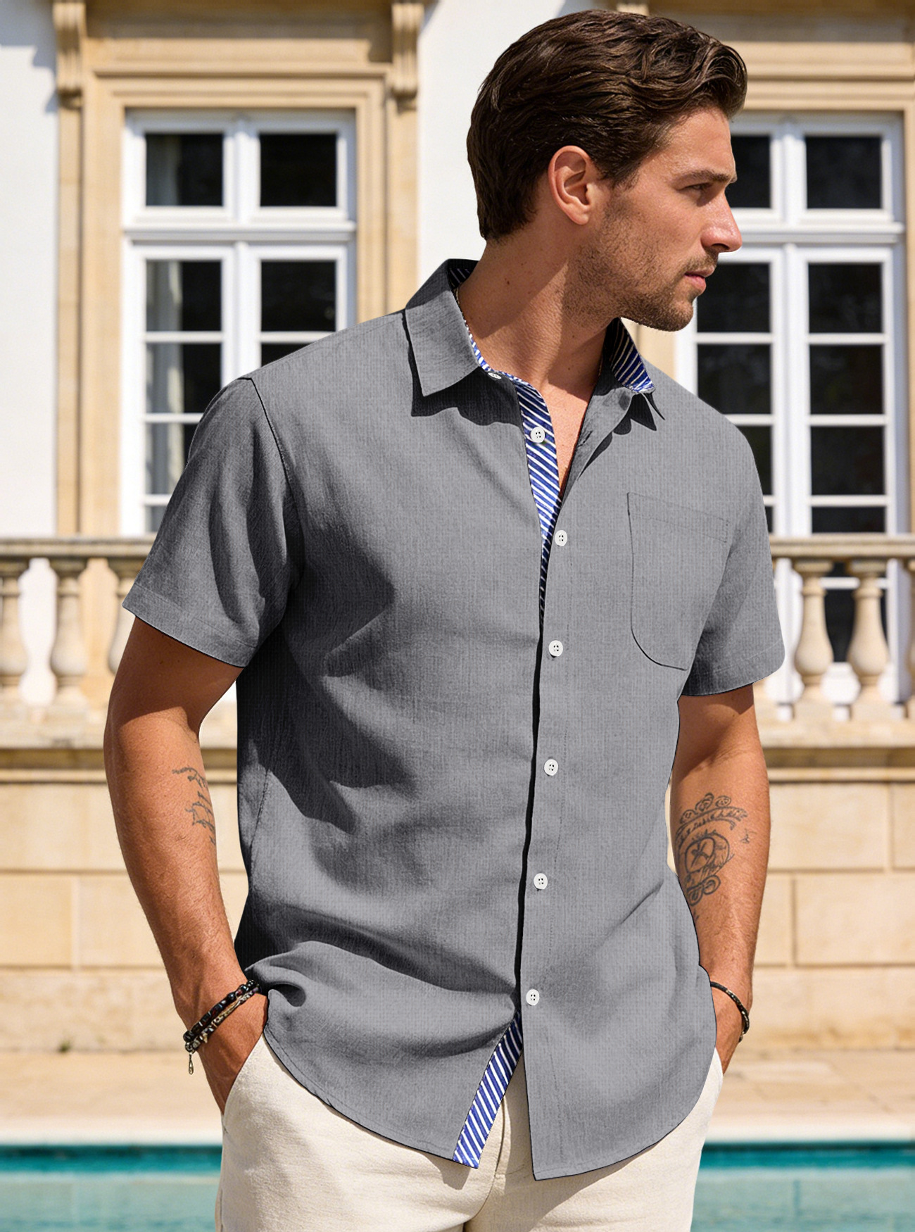 Men's Clothing Tops T-Shirts Summer New Men's Linen Short Sleeve Shirts with Pocket Casual T-Shirts