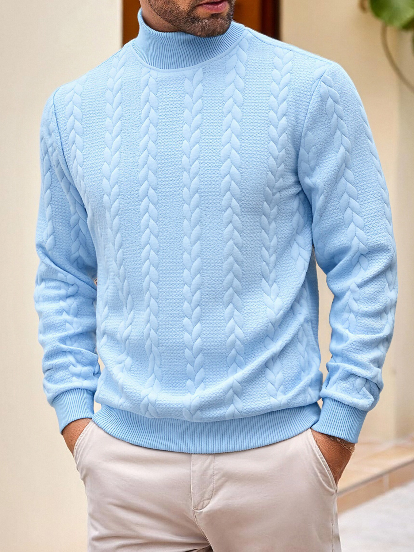 Men's Clothing Tops Sweaters Cardigans Jacquard Knit Sweater New Fall Winter Solid Color High-Neck Warm Casual Men's Long Sleeve Pullover