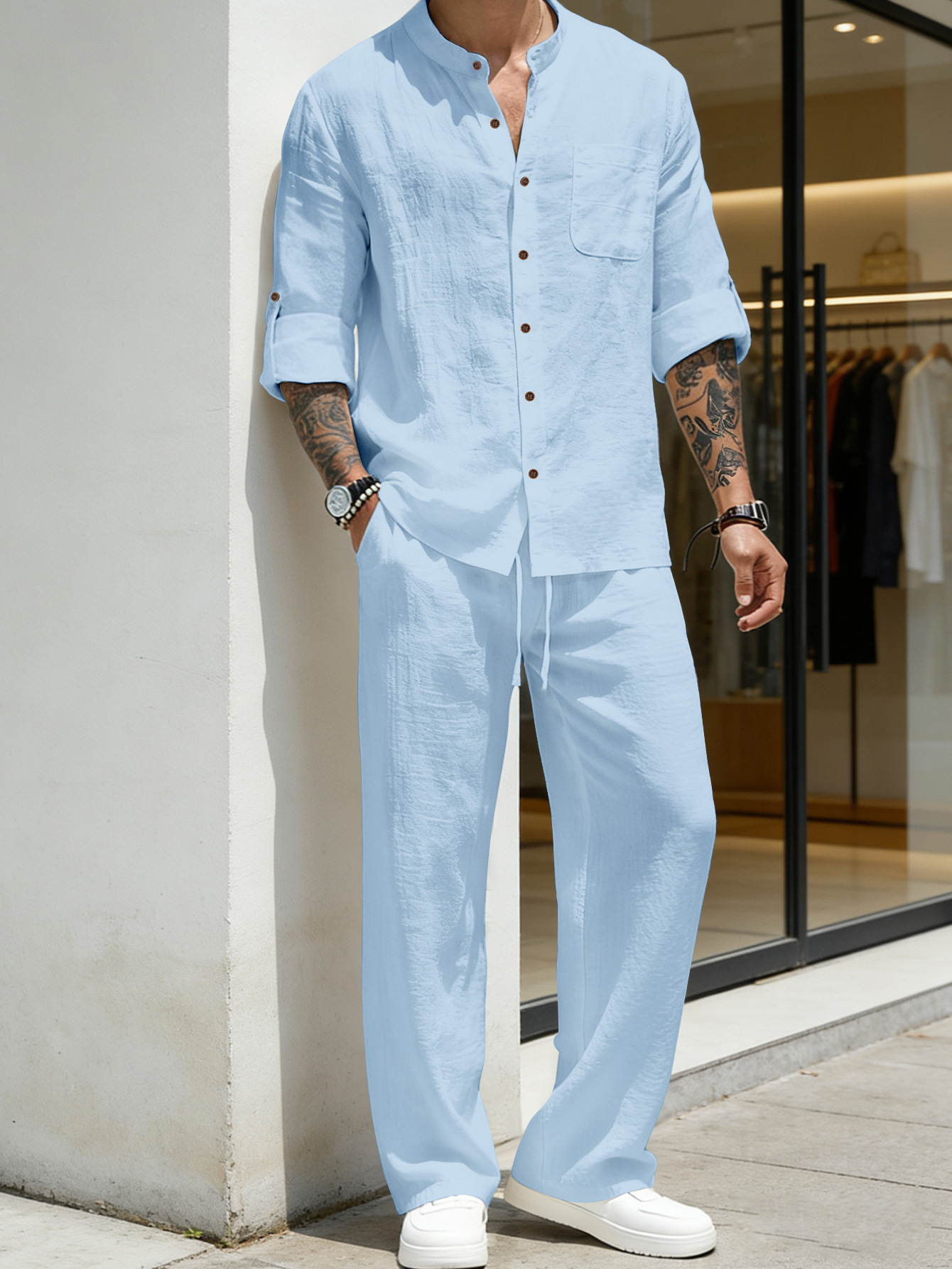 Men's Clothing Two-Piece Outfits Men's Solid Color Linen Long Sleeve Shirt Pants Two-Piece Set Loose Casual Breathable Summer Clothing Sets