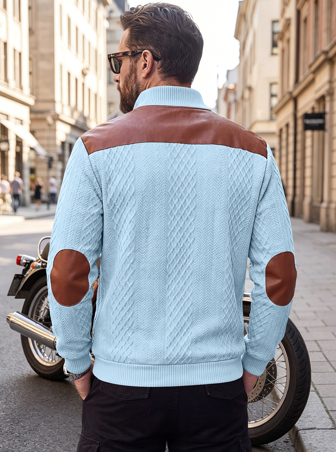 Men's Clothing Tops Sweatshirts Men's American Style Texture Jacquard Lapel Knitwear with Shoulder Sleeve Patches Loose Long Sleeve Pullover Hoodie