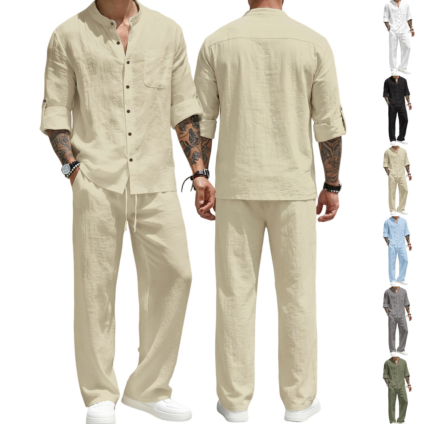 Men's Clothing Two-Piece Outfits Men's Solid Color Linen Long Sleeve Shirt Pants Two-Piece Set Loose Casual Breathable Summer Clothing Sets