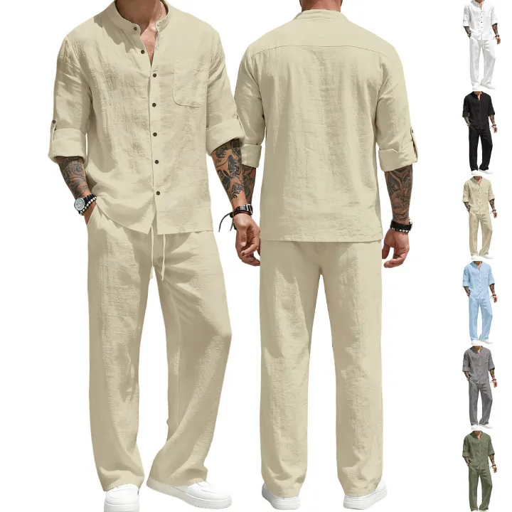 Men's Clothing Two-Piece Outfits Men's Solid Color Linen Long Sleeve Shirt Pants Two-Piece Set Loose Casual Breathable Summer Clothing Sets