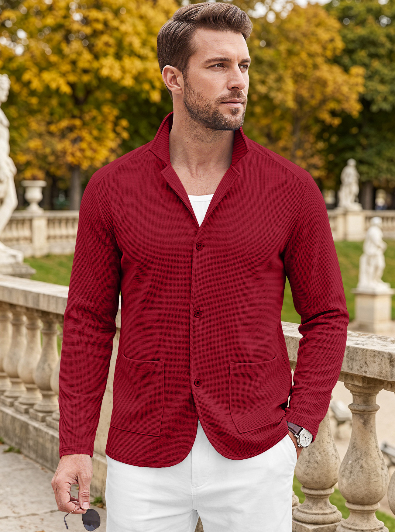 Men's Clothing Tops Jackets Coats Men's Waffle Pattern Single-Breasted Double Pocket Business Casual Long Sleeve Coat