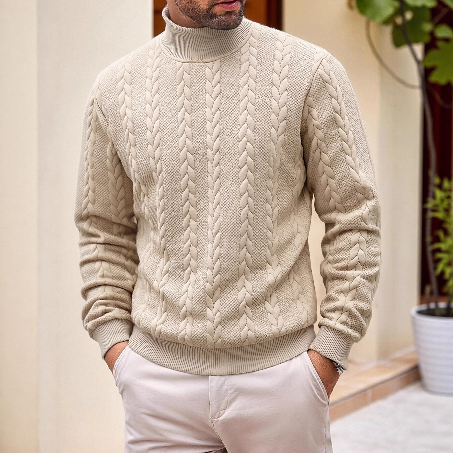 Men's Clothing Tops Sweaters Cardigans Jacquard Knit Sweater New Fall Winter Solid Color High-Neck Warm Casual Men's Long Sleeve Pullover