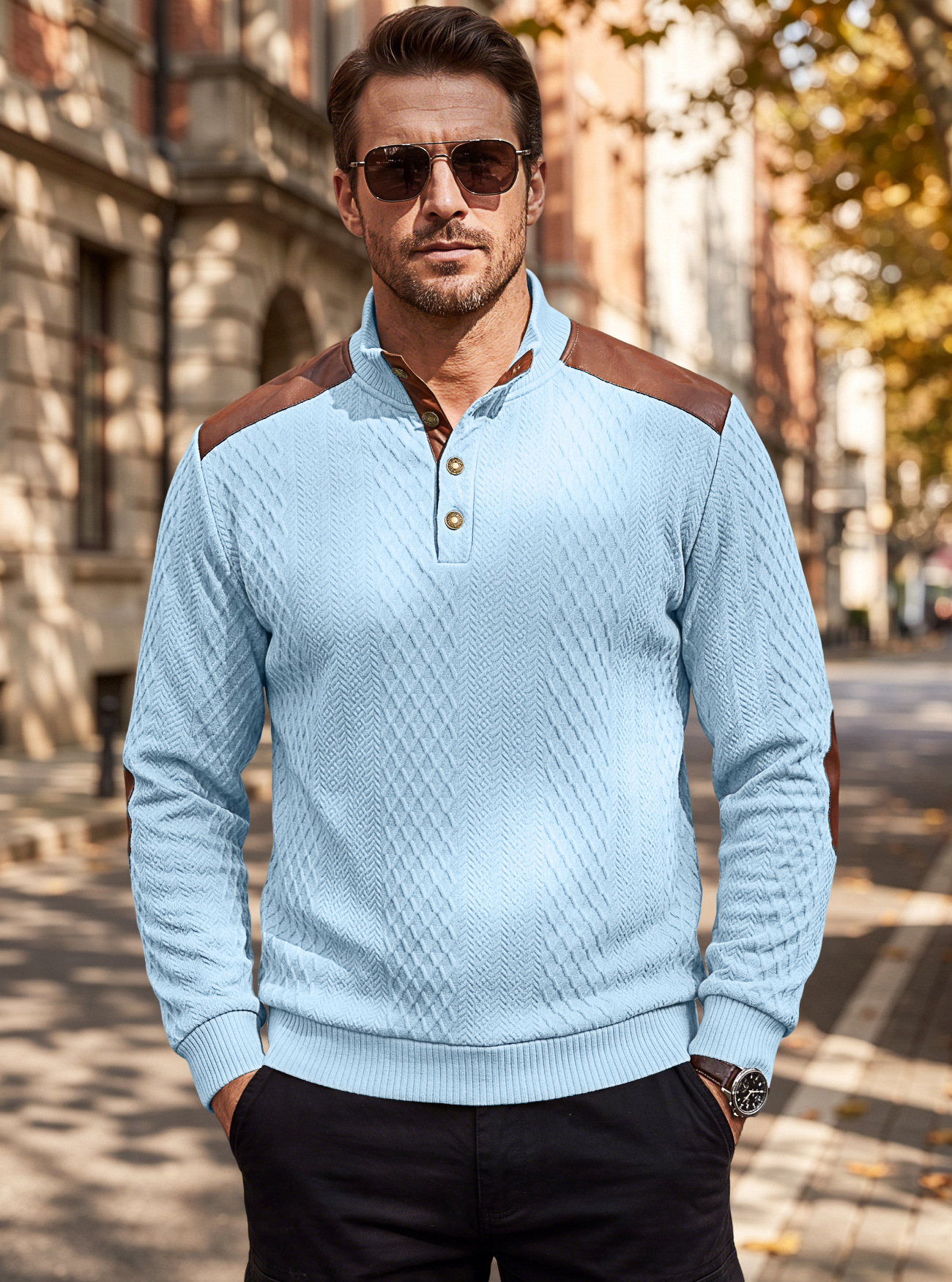 Men's Clothing Tops Sweatshirts Men's American Style Texture Jacquard Lapel Knitwear with Shoulder Sleeve Patches Loose Long Sleeve Pullover Hoodie