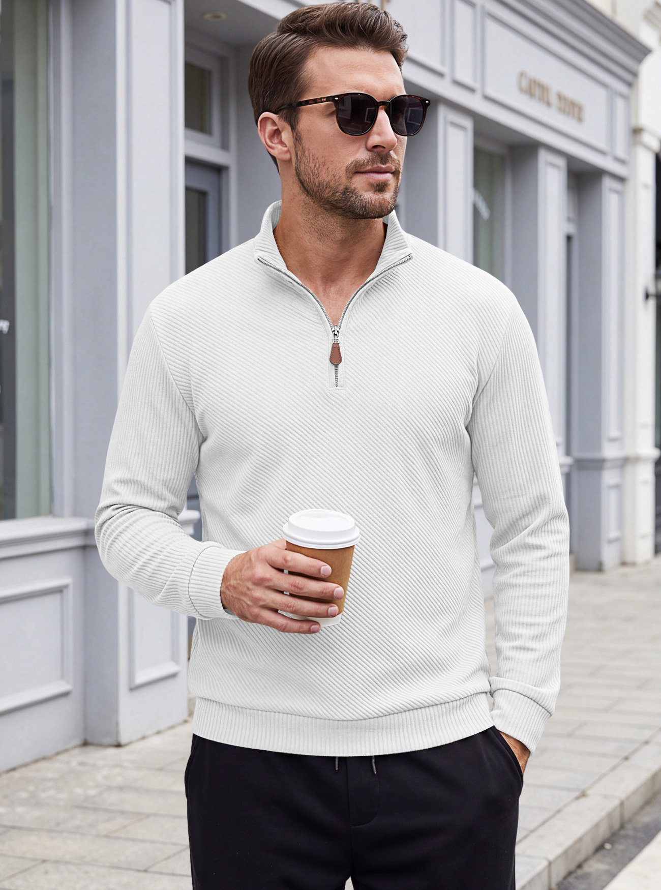 Men's Clothing Tops Sweatshirts Men's American Flannel Texture Half-Zip Stand-Up Collar Long Sleeve Oversized Casual Pullover Shirts