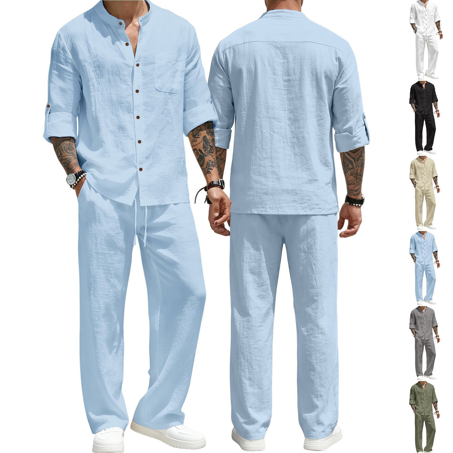 Men's Clothing Two-Piece Outfits Men's Solid Color Linen Long Sleeve Shirt Pants Two-Piece Set Loose Casual Breathable Summer Clothing Sets