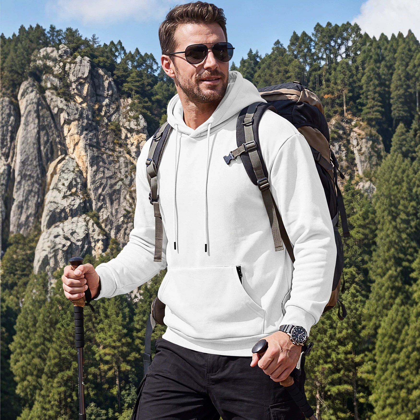 Men's Clothing Tops Sweatshirts Hoodies Men's Heavyweight Solid Color Drawstring Hooded Sweatshirt with Side Anti-Theft Zippered Kangaroo Pockets for Sports Outdoor Wear