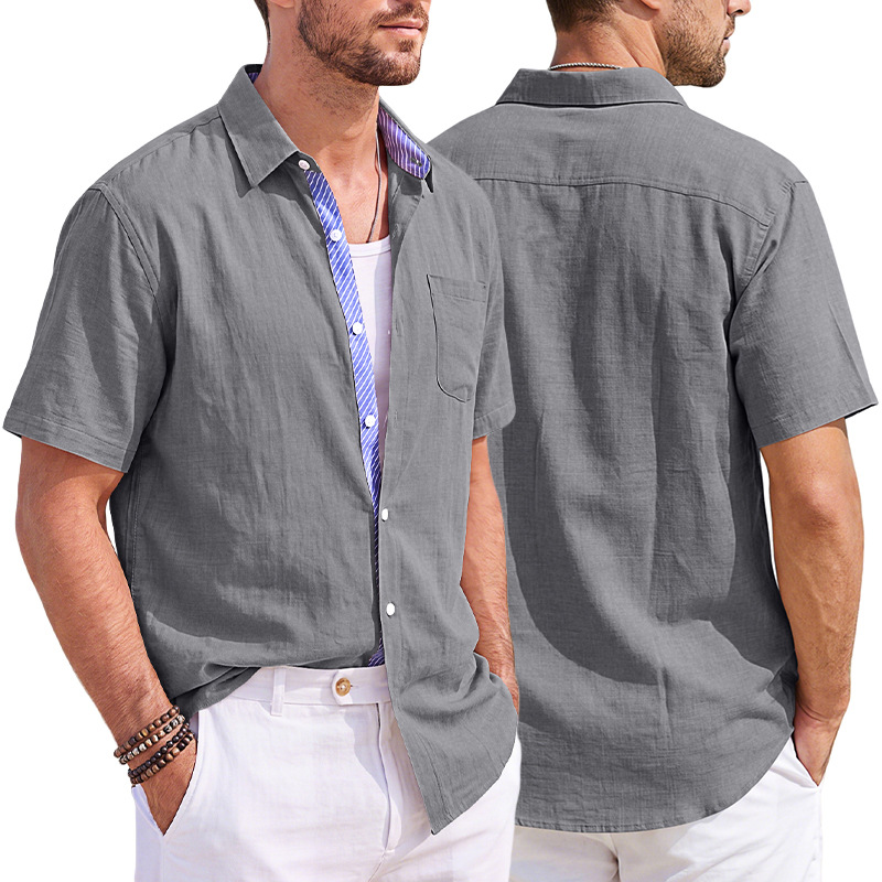 Men's Clothing Tops T-Shirts Summer New Men's Linen Short Sleeve Shirts with Pocket Casual T-Shirts