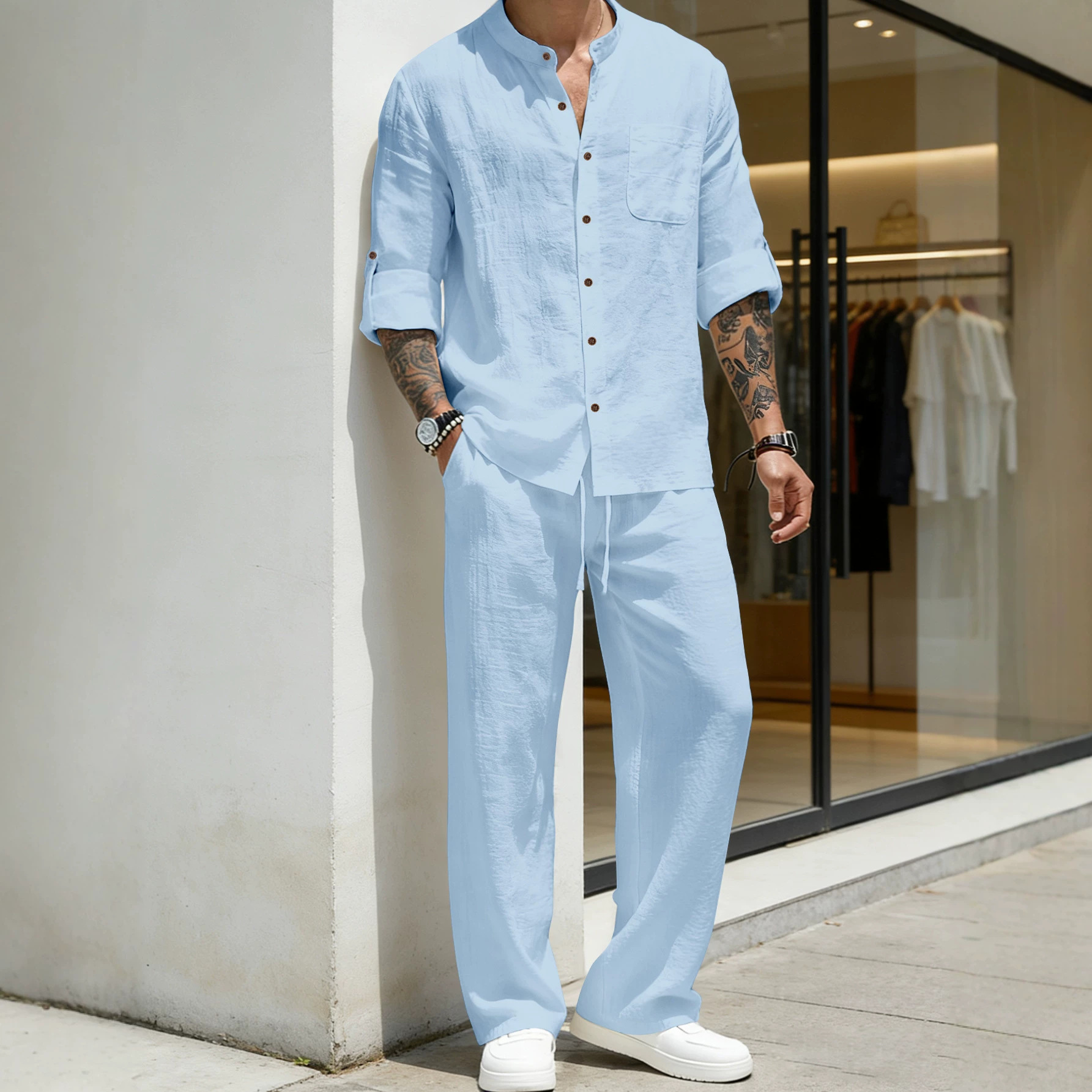 Men's Clothing Two-Piece Outfits Men's Solid Color Linen Long Sleeve Shirt Pants Two-Piece Set Loose Casual Breathable Summer Clothing Sets
