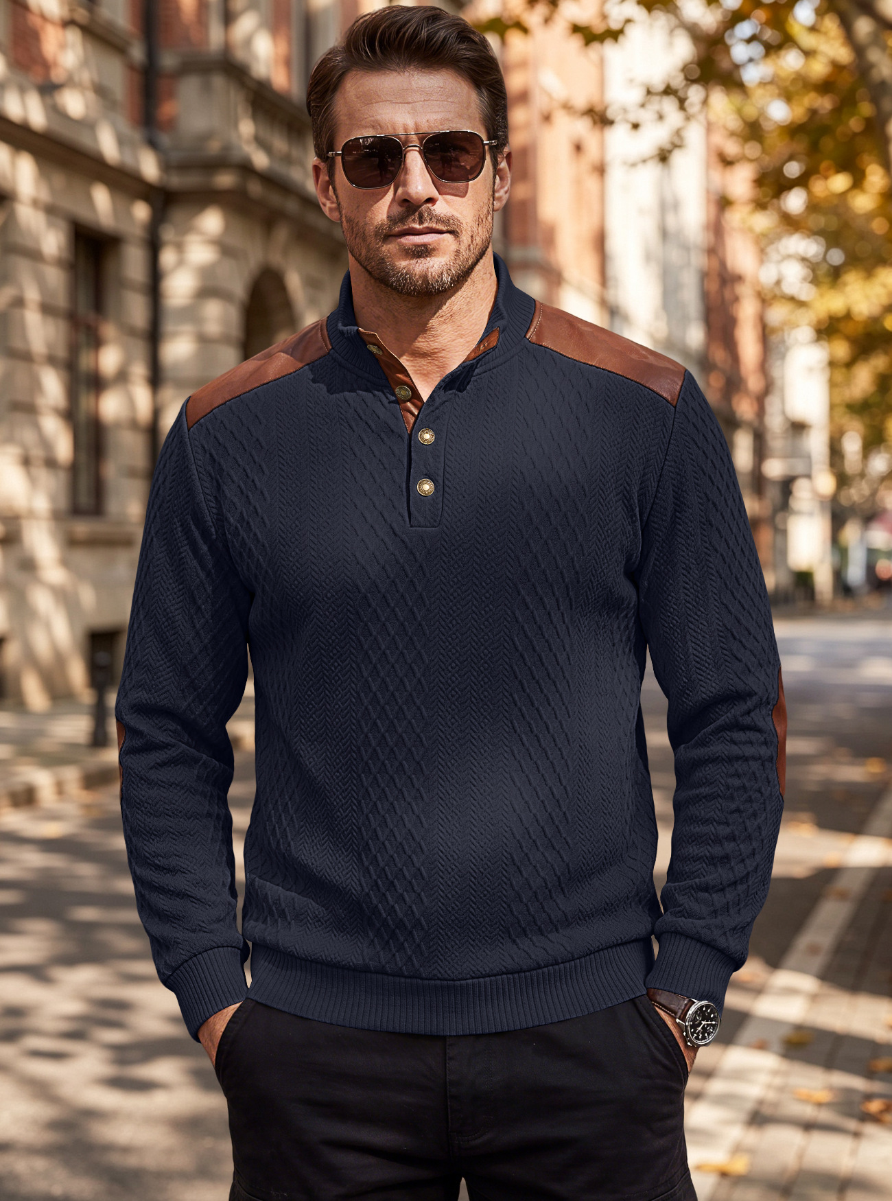 Men's Clothing Tops Sweatshirts Men's American Style Texture Jacquard Lapel Knitwear with Shoulder Sleeve Patches Loose Long Sleeve Pullover Hoodie