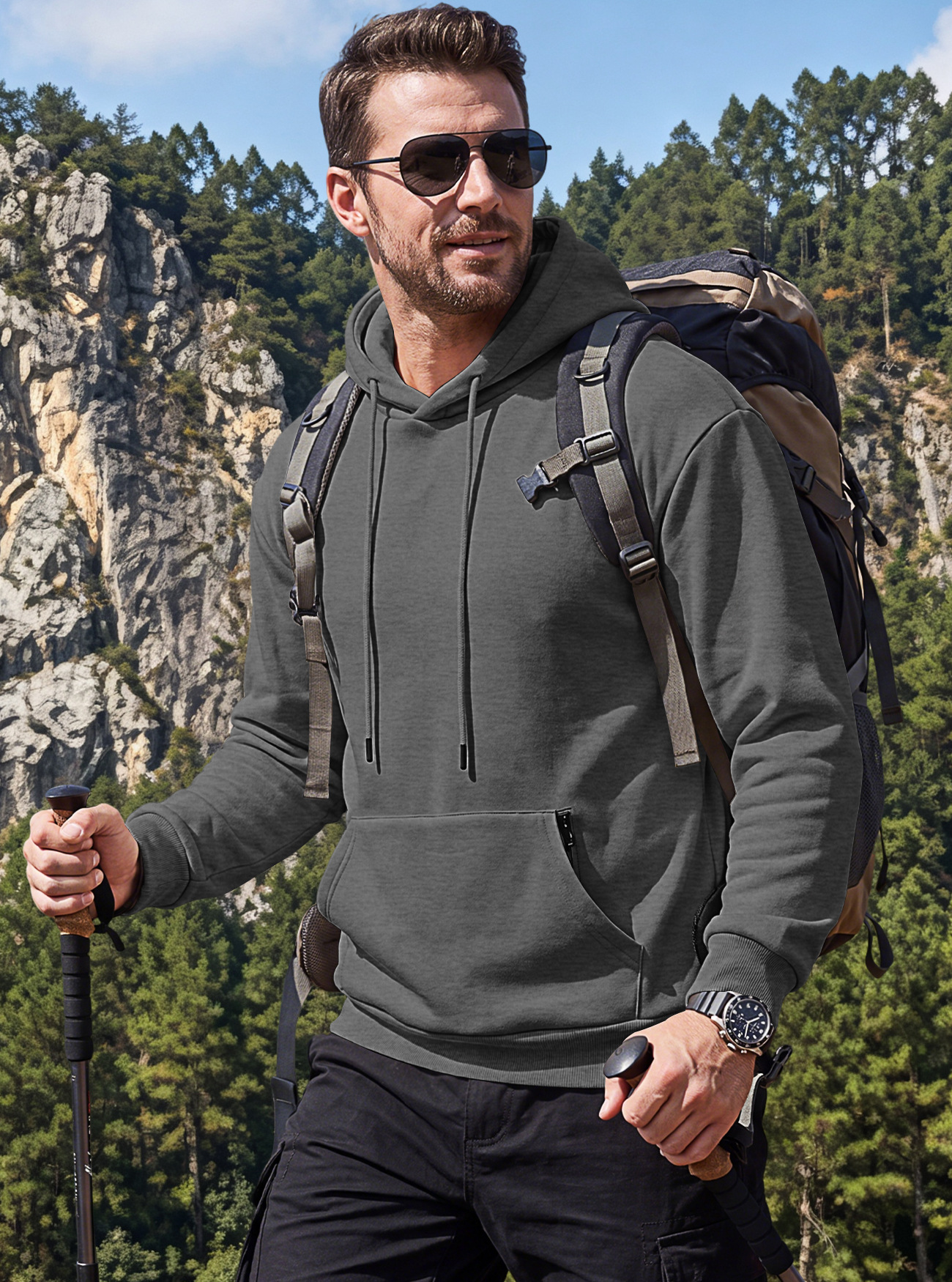 Men's Clothing Tops Sweatshirts Hoodies Men's Heavyweight Solid Color Drawstring Hooded Sweatshirt with Side Anti-Theft Zippered Kangaroo Pockets for Sports Outdoor Wear