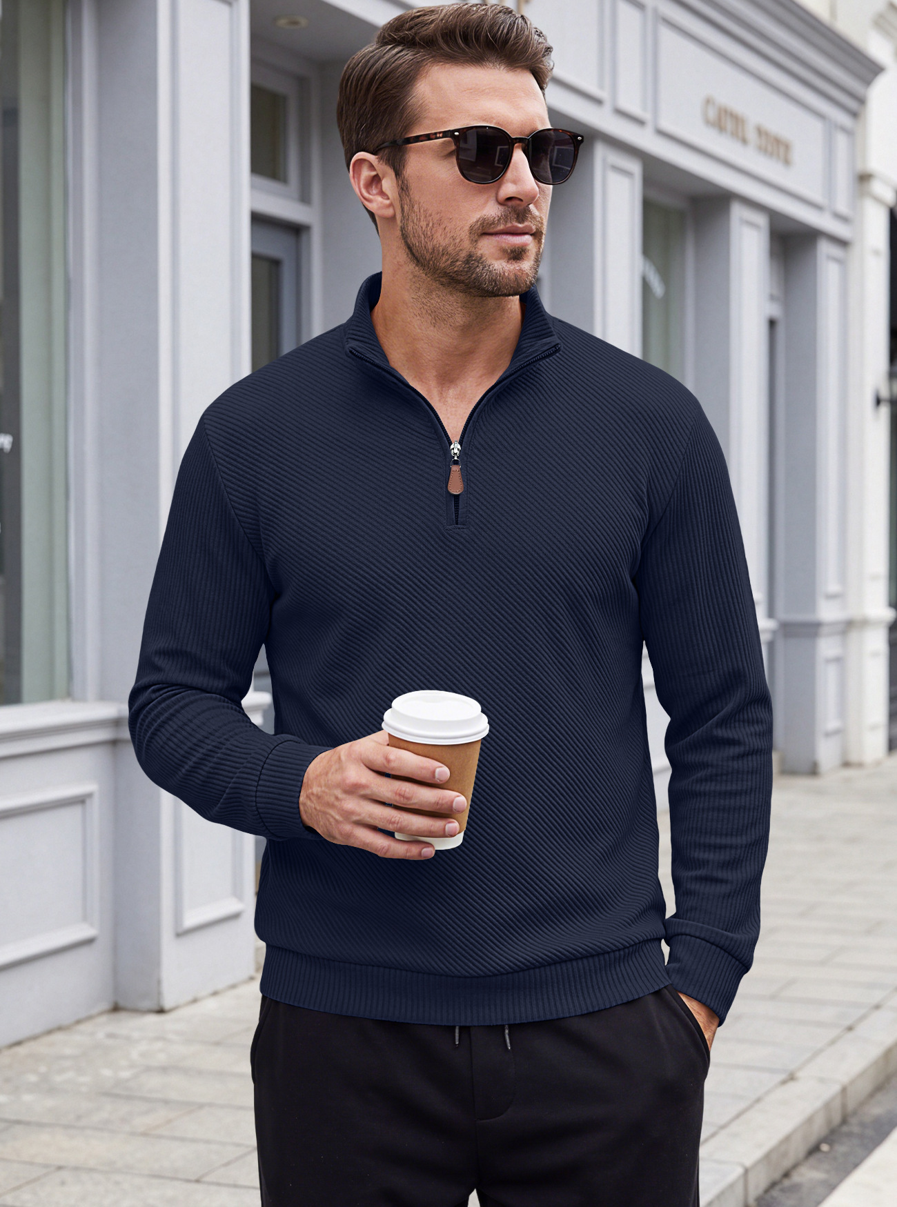 Men's Clothing Tops Sweatshirts Men's American Flannel Texture Half-Zip Stand-Up Collar Long Sleeve Oversized Casual Pullover Shirts