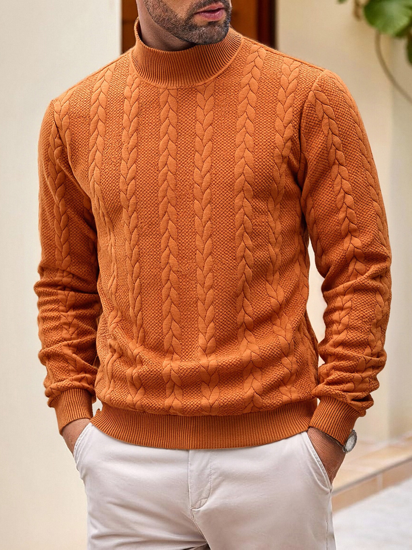 Men's Clothing Tops Sweaters Cardigans Jacquard Knit Sweater New Fall Winter Solid Color High-Neck Warm Casual Men's Long Sleeve Pullover
