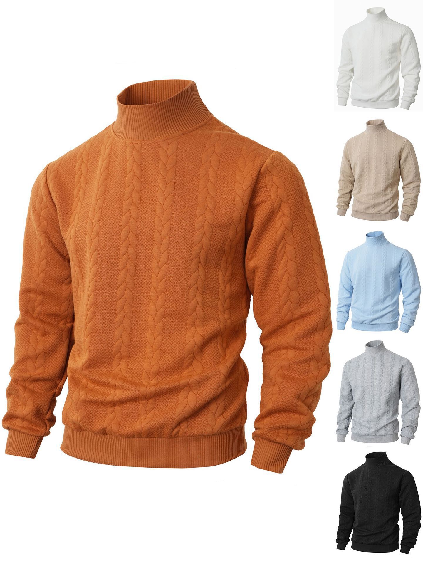 Men's Clothing Tops Sweaters Cardigans Jacquard Knit Sweater New Fall Winter Solid Color High-Neck Warm Casual Men's Long Sleeve Pullover