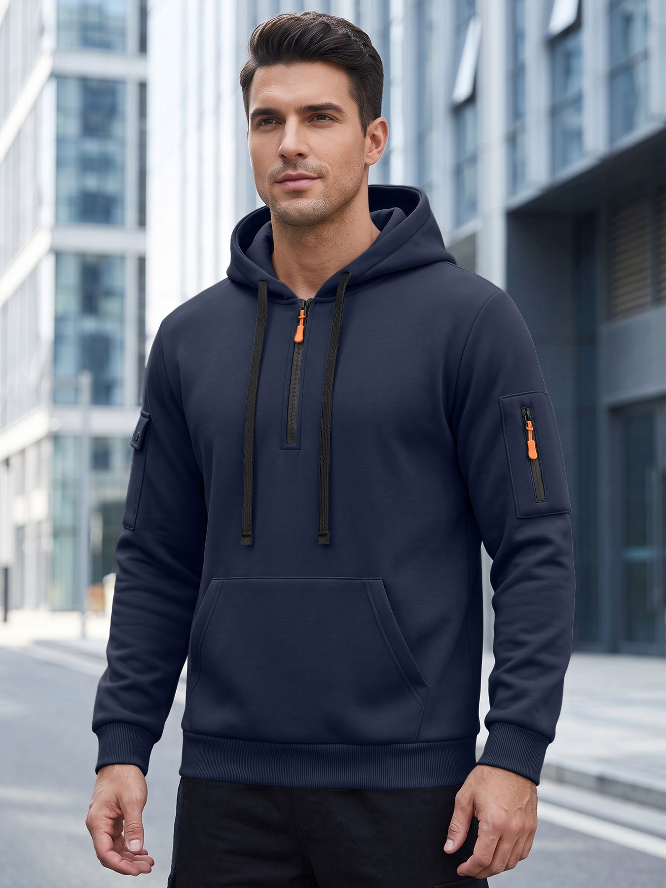 Men's Clothing Tops Sweatshirts Hoodies  Men's Autumn Winter Solid Color Drawstring Hooded Long Sleeve Sweatshirt with Side Zip Thickened Casual Sports Pullover