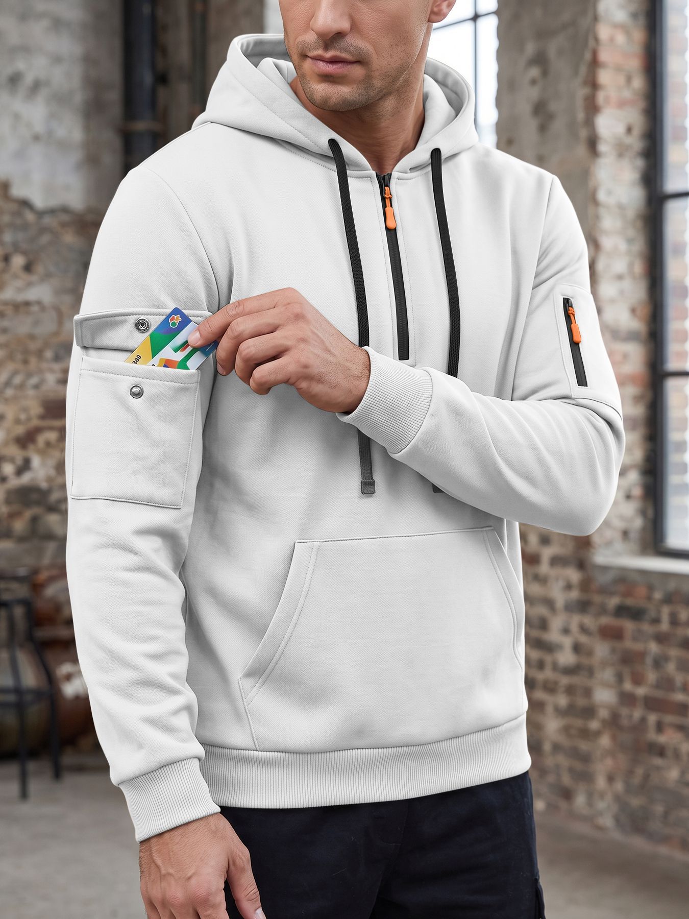 Men's Clothing Tops Sweatshirts Hoodies  Men's Autumn Winter Solid Color Drawstring Hooded Long Sleeve Sweatshirt with Side Zip Thickened Casual Sports Pullover