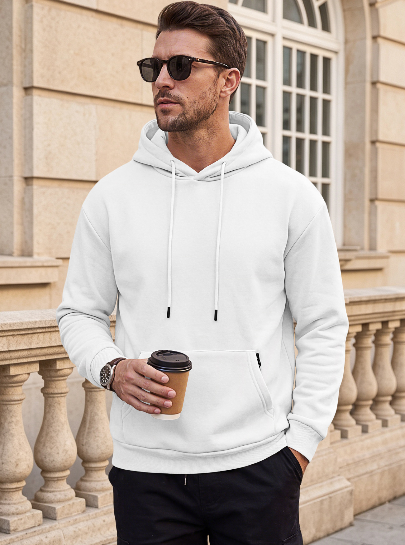 Men's Clothing Tops Sweatshirts Hoodies Men's Heavyweight Solid Color Drawstring Hooded Sweatshirt with Side Anti-Theft Zippered Kangaroo Pockets for Sports Outdoor Wear