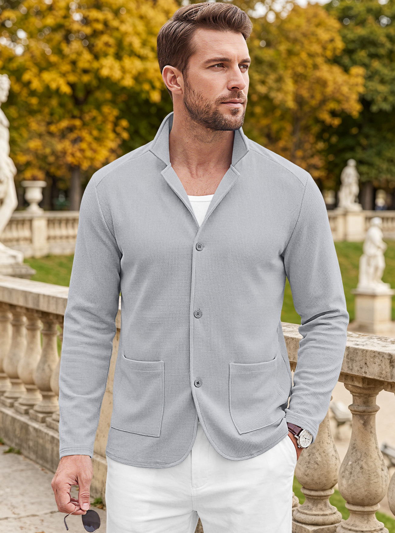 Men's Clothing Tops Jackets Coats Men's Waffle Pattern Single-Breasted Double Pocket Business Casual Long Sleeve Coat