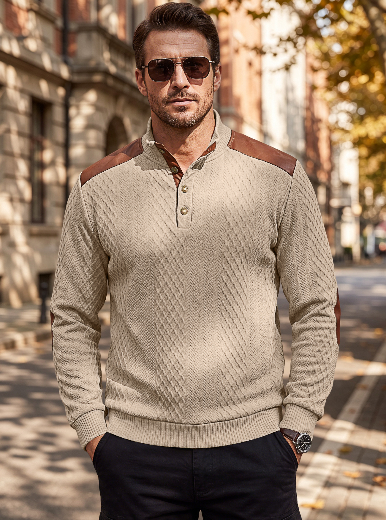 Men's Clothing Tops Sweatshirts Men's American Style Texture Jacquard Lapel Knitwear with Shoulder Sleeve Patches Loose Long Sleeve Pullover Hoodie