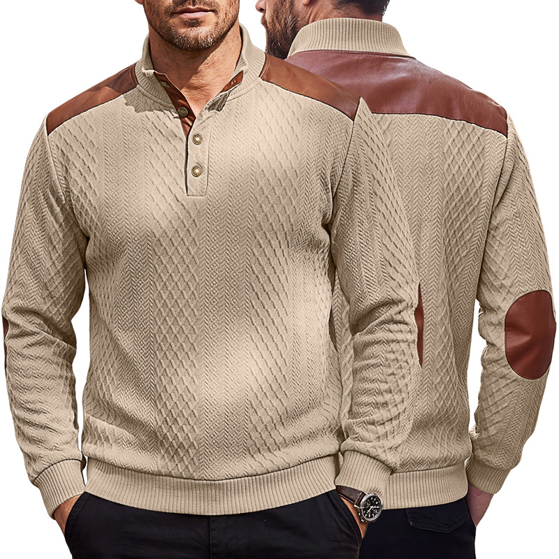 Men's Clothing Tops Sweatshirts Men's American Style Texture Jacquard Lapel Knitwear with Shoulder Sleeve Patches Loose Long Sleeve Pullover Hoodie