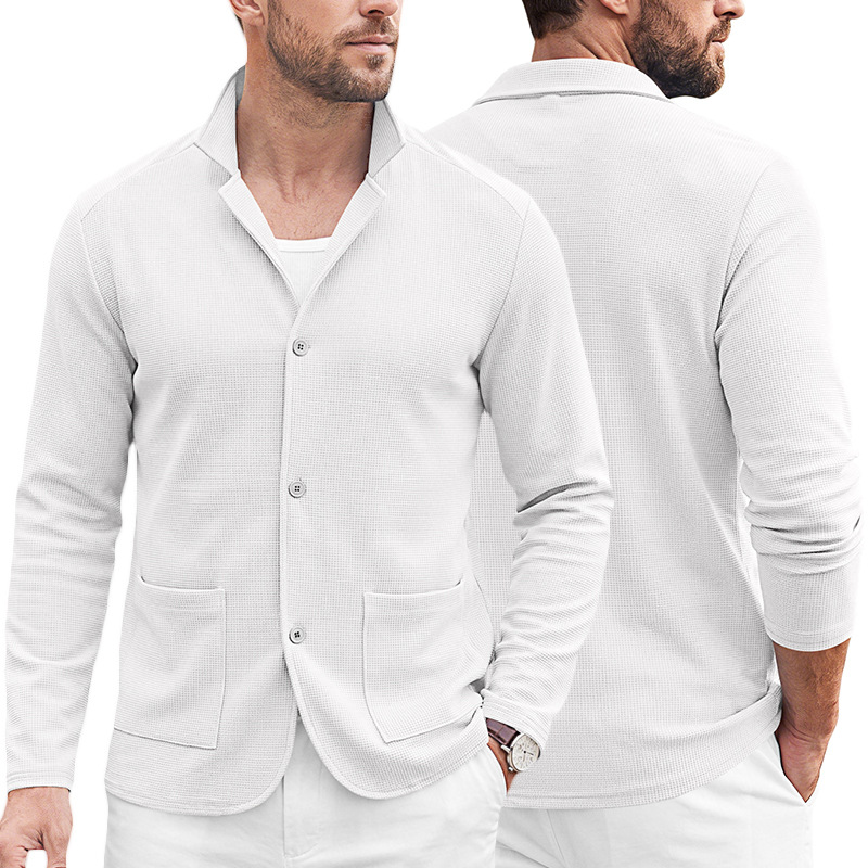 Men's Clothing Tops Jackets Coats Men's Waffle Pattern Single-Breasted Double Pocket Business Casual Long Sleeve Coat