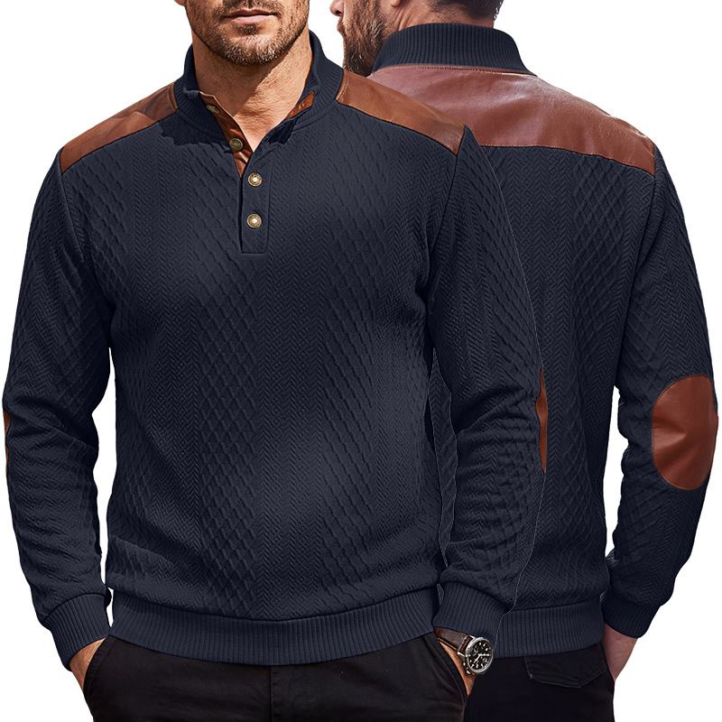 Men's Clothing Tops Sweatshirts Men's American Style Texture Jacquard Lapel Knitwear with Shoulder Sleeve Patches Loose Long Sleeve Pullover Hoodie