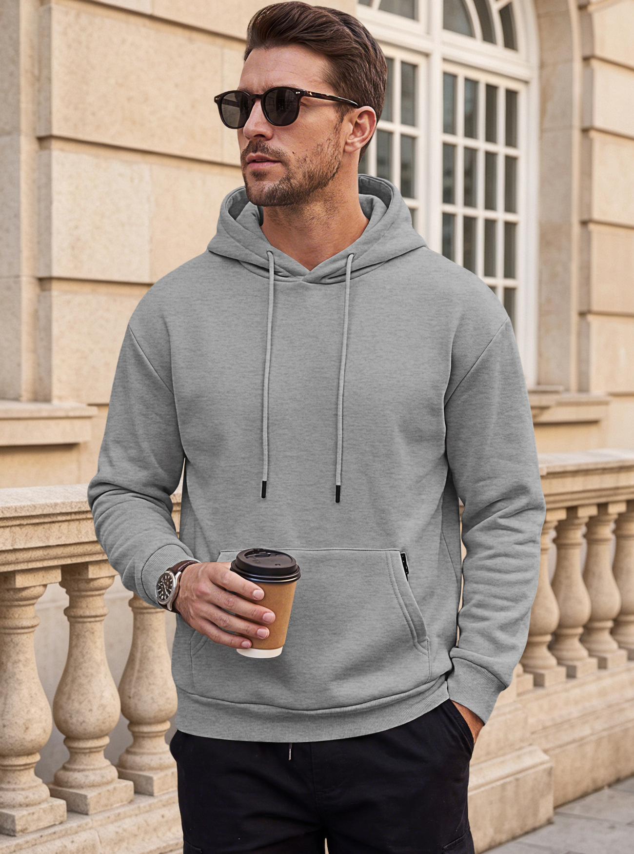 Men's Clothing Tops Sweatshirts Hoodies Men's Heavyweight Solid Color Drawstring Hooded Sweatshirt with Side Anti-Theft Zippered Kangaroo Pockets for Sports Outdoor Wear