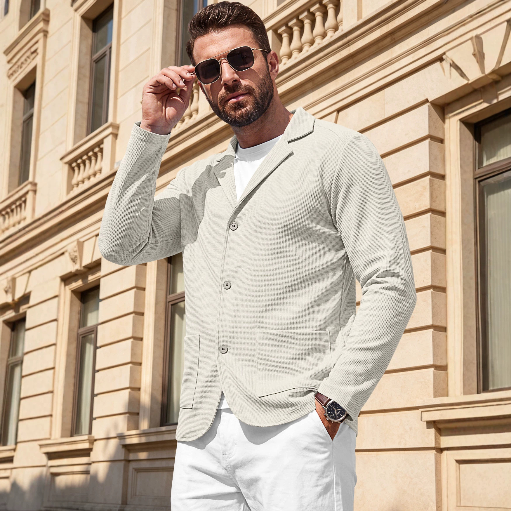 Men's Clothing Tops Jackets Coats Men's Waffle Pattern Single-Breasted Double Pocket Business Casual Long Sleeve Coat