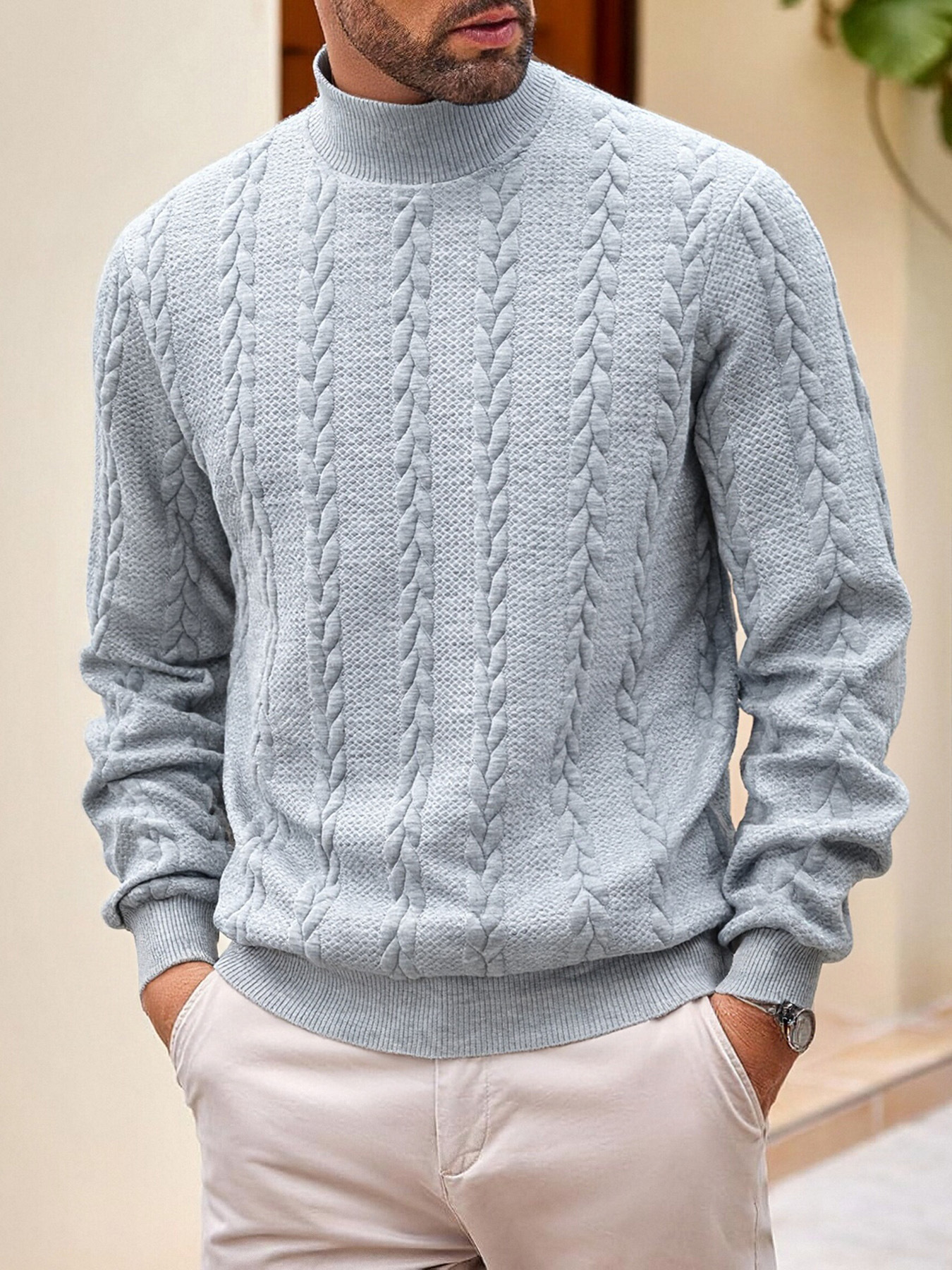 Men's Clothing Tops Sweaters Cardigans Jacquard Knit Sweater New Fall Winter Solid Color High-Neck Warm Casual Men's Long Sleeve Pullover