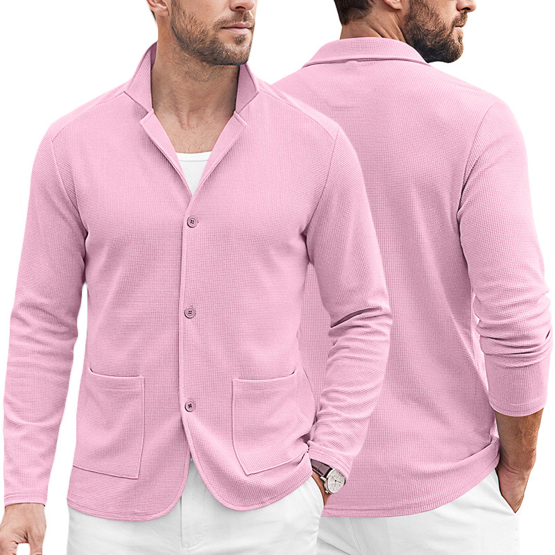 Men's Clothing Tops Jackets Coats Men's Waffle Pattern Single-Breasted Double Pocket Business Casual Long Sleeve Coat