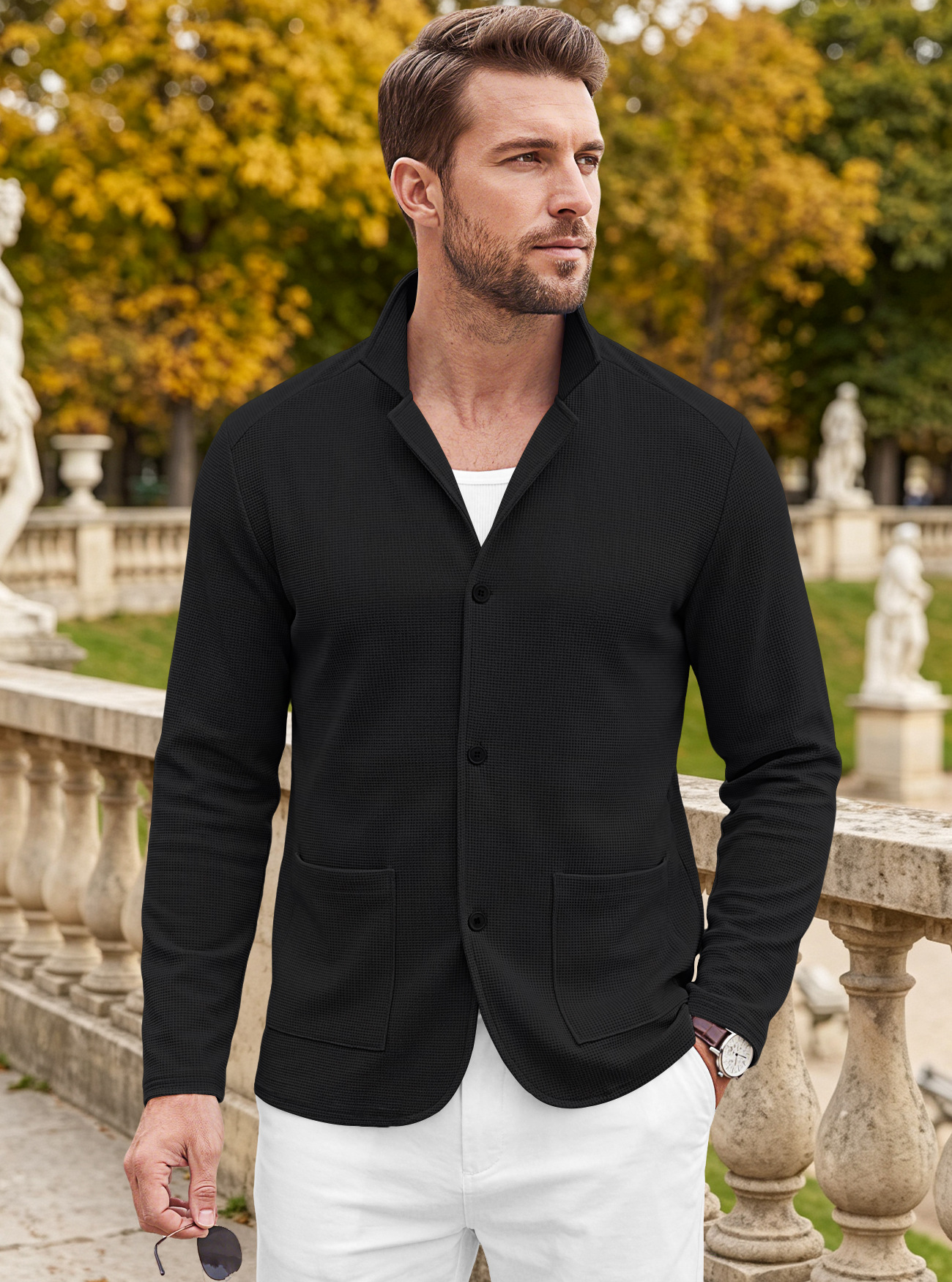 Men's Clothing Tops Jackets Coats Men's Waffle Pattern Single-Breasted Double Pocket Business Casual Long Sleeve Coat