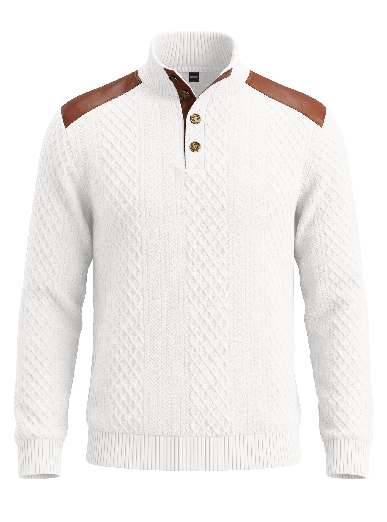 Men's Clothing Tops Sweatshirts Men's American Style Texture Jacquard Lapel Knitwear with Shoulder Sleeve Patches Loose Long Sleeve Pullover Hoodie