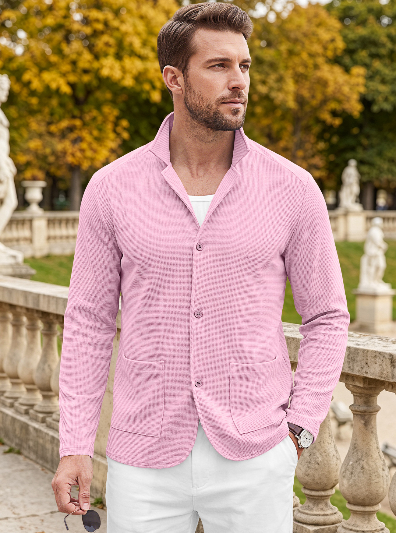 Men's Clothing Tops Jackets Coats Men's Waffle Pattern Single-Breasted Double Pocket Business Casual Long Sleeve Coat