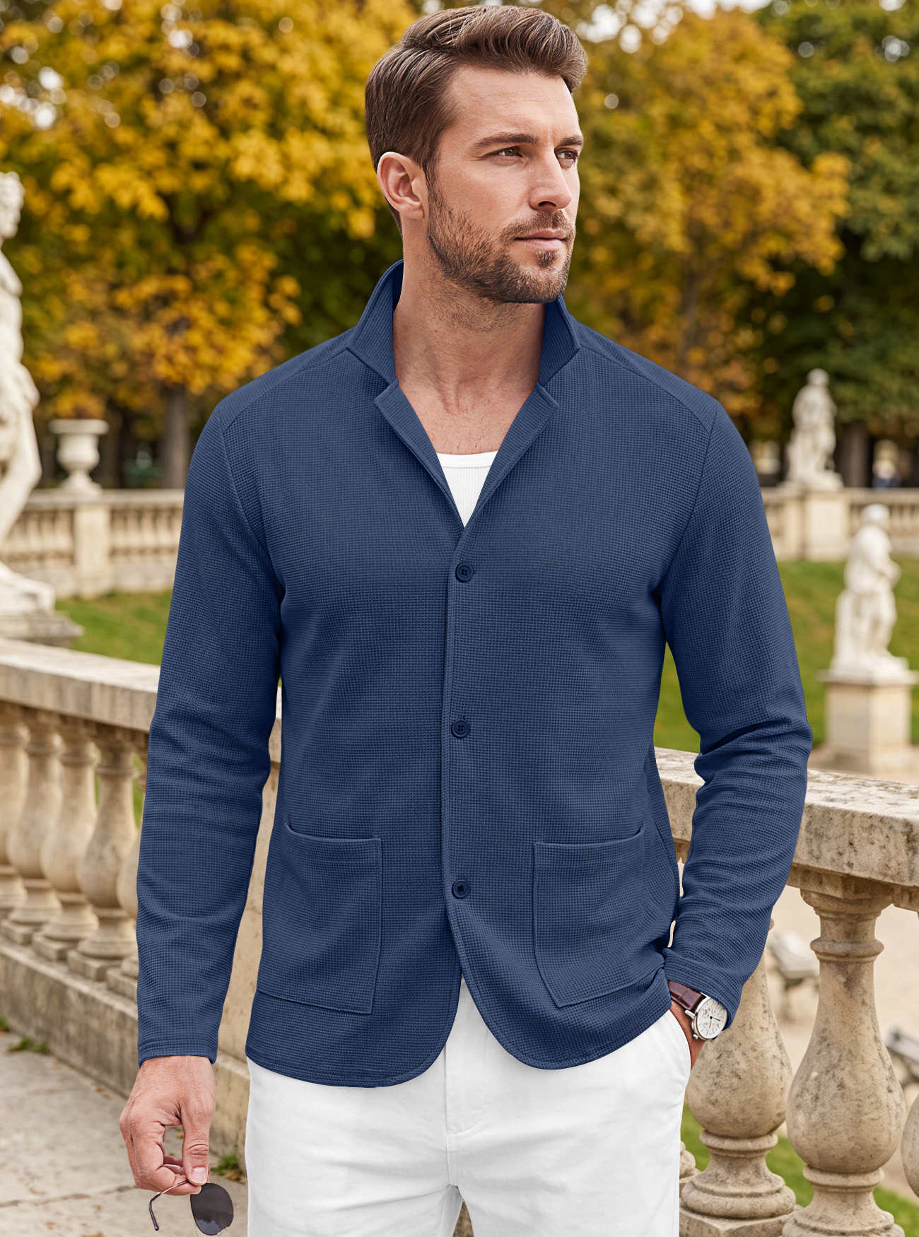 Men's Clothing Tops Jackets Coats Men's Waffle Pattern Single-Breasted Double Pocket Business Casual Long Sleeve Coat