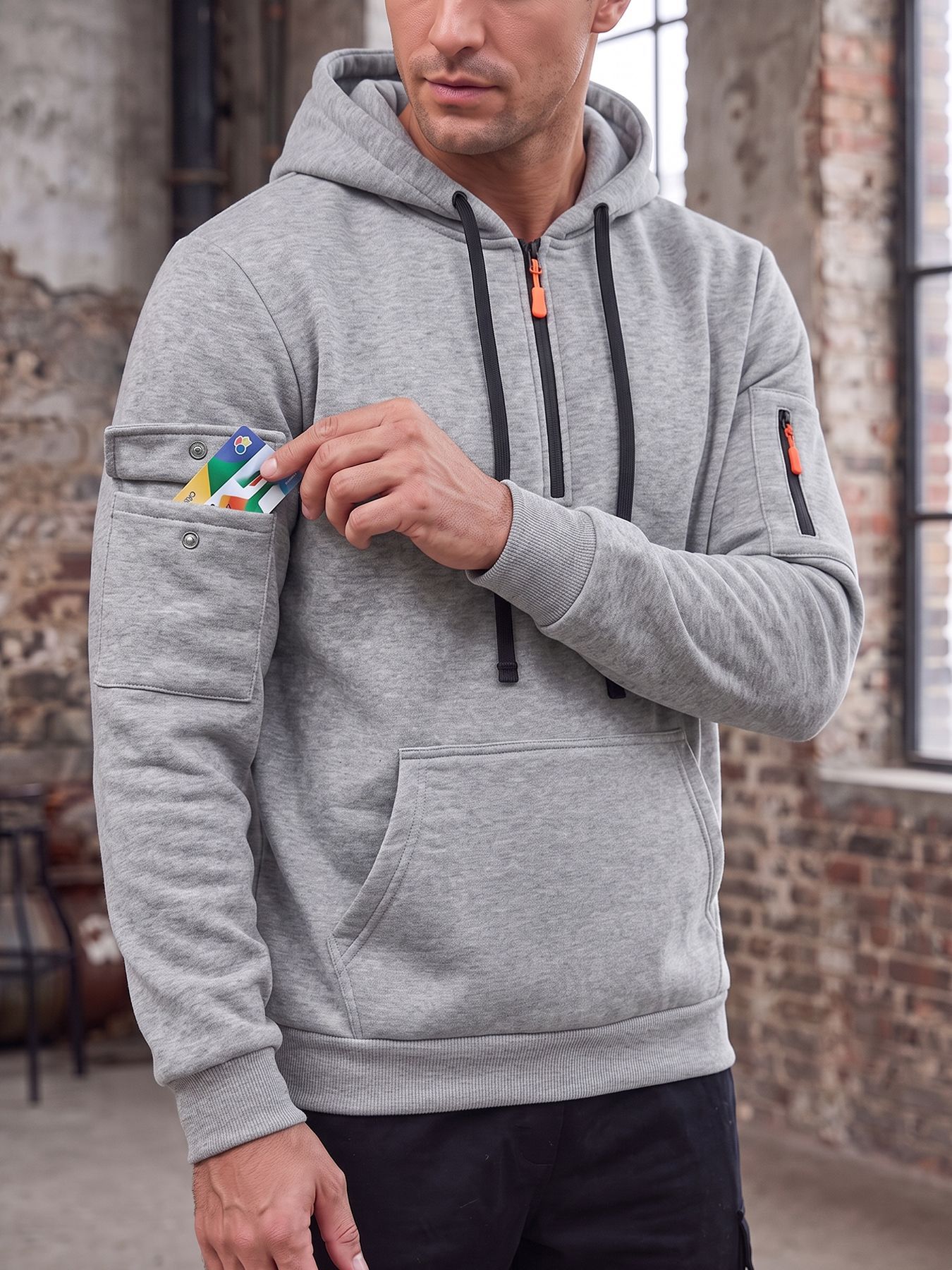 Men's Clothing Tops Sweatshirts Hoodies  Men's Autumn Winter Solid Color Drawstring Hooded Long Sleeve Sweatshirt with Side Zip Thickened Casual Sports Pullover