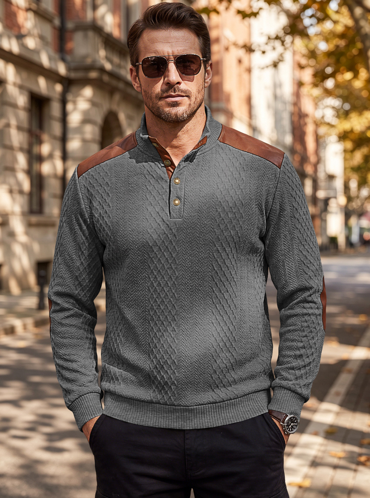 Men's Clothing Tops Sweatshirts Men's American Style Texture Jacquard Lapel Knitwear with Shoulder Sleeve Patches Loose Long Sleeve Pullover Hoodie